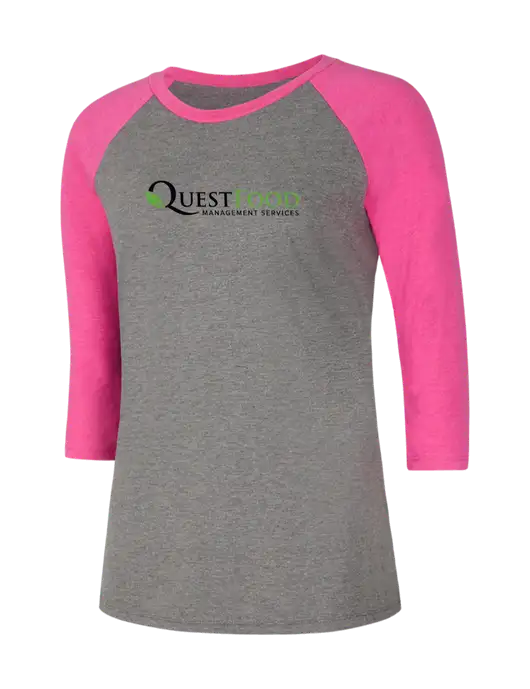 Womens Simply Soft 3/4 Sleeve Fuchsia Frost/Grey Frost Ring Spun Cotton T-Shirt w/Quest Food Logo