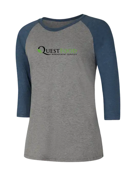 Womens Simply Soft 3/4 Sleeve Navy Frost/Grey Frost Ring Spun Cotton T-Shirt w/Quest Food Logo