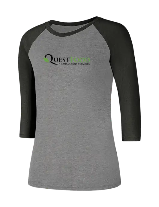 Womens Simply Soft 3/4 Sleeve Black Frost/Grey Frost Ring Spun Cotton T-Shirt w/Quest Food Logo