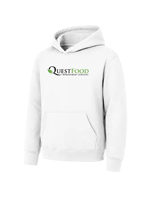 Youth White 7.8 oz Pullover Hooded Sweatshirt w/Quest Food Logo