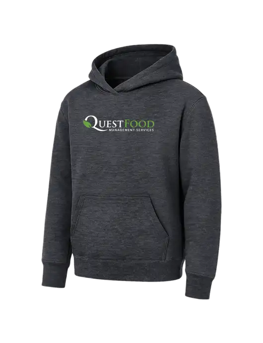Youth Dark Heather Grey 7.8 oz Pullover Hooded Sweatshirt w/Quest Food Logo