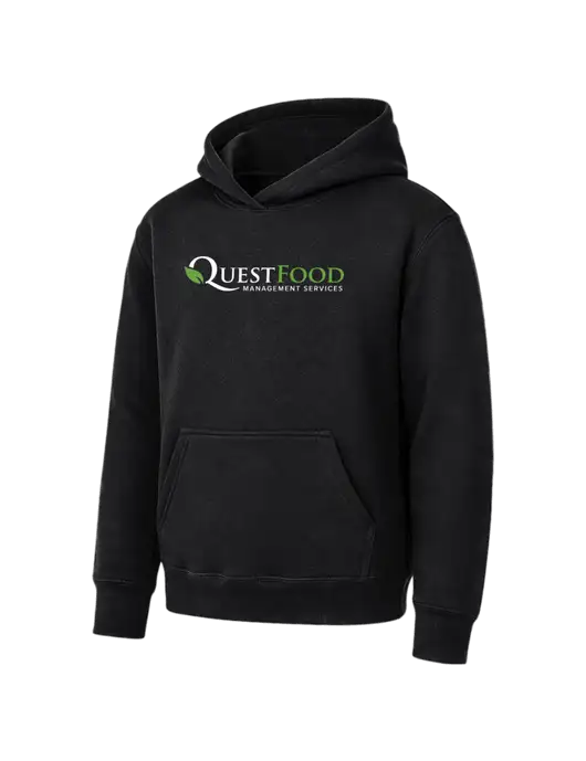 Youth Black 7.8 oz Pullover Hooded Sweatshirt w/Quest Food Logo