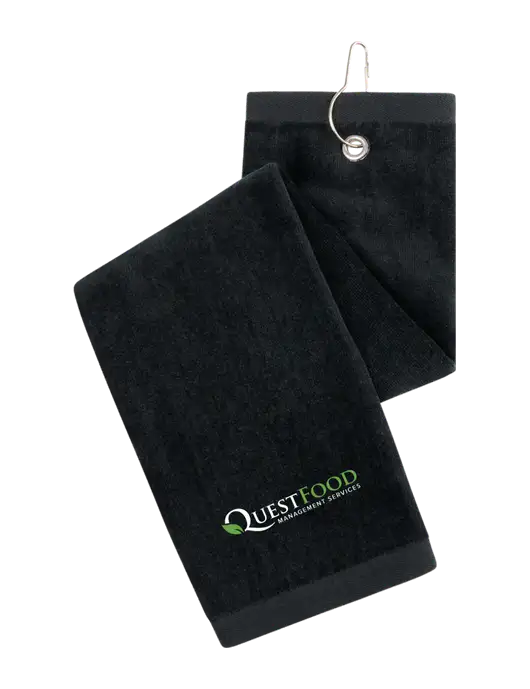 Black Tri-Fold Golf Towel with Grommet w/Quest Food Logo