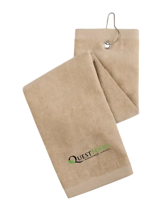 Khaki Tri-Fold Golf Towel with Grommet w/Quest Food Logo