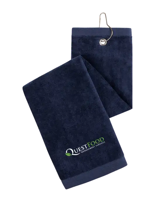 Navy Tri-Fold Golf Towel with Grommet w/Quest Food Logo