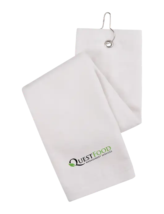 White Tri-Fold Golf Towel with Grommet w/Quest Food Logo
