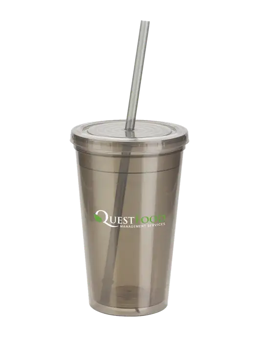 Sorrento Medium Grey 16 oz Tumbler with Lid & Straw w/Quest Food Logo