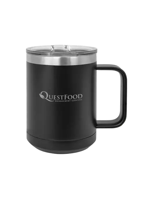 Polar Camel 15 oz Powder Coated Black Vacuum Insulated Mug with Slider Lid w/Quest Food Logo