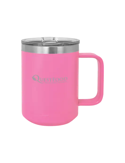 Polar Camel 15 oz Powder Coated Pink Vacuum Insulated Mug with Slider Lid w/Quest Food Logo