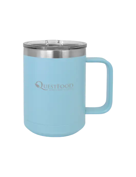 Polar Camel 15 oz Powder Coated Light Blue Vacuum Insulated Mug with Slider Lid w/Quest Food Logo