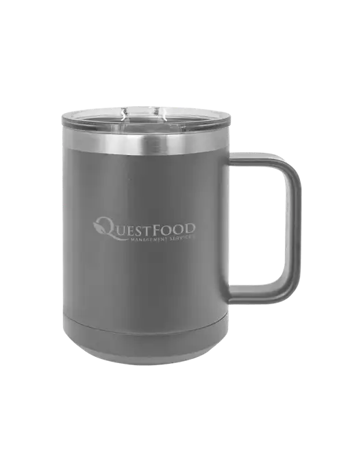 Polar Camel 15 oz Powder Coated Grey Vacuum Insulated Mug with Slider Lid w/Quest Food Logo