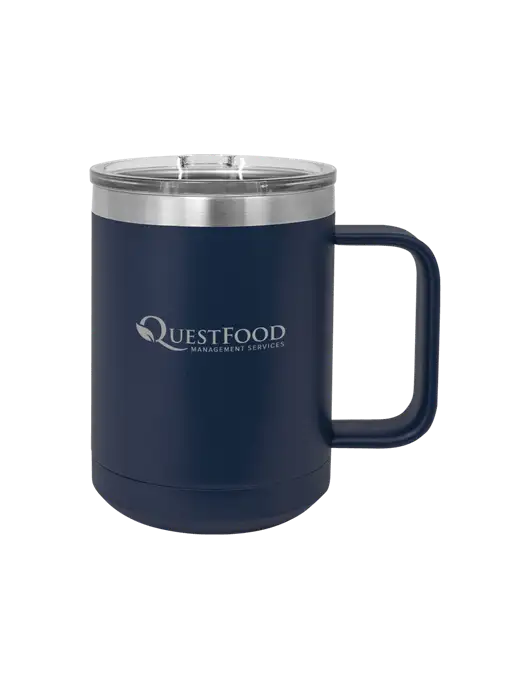 Polar Camel 15 oz Powder Coated Navy Vacuum Insulated Mug with Slider Lid w/Quest Food Logo