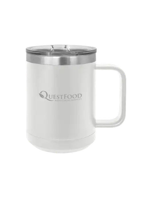 Polar Camel 15 oz Powder Coated White Vacuum Insulated Mug with Slider Lid w/Quest Food Logo