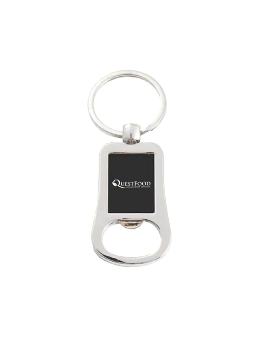 Silver & Black Bottle Opener Keychain w/Quest Food Logo