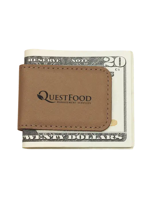 Tan Leatherette Money Clip w/Quest Food Logo