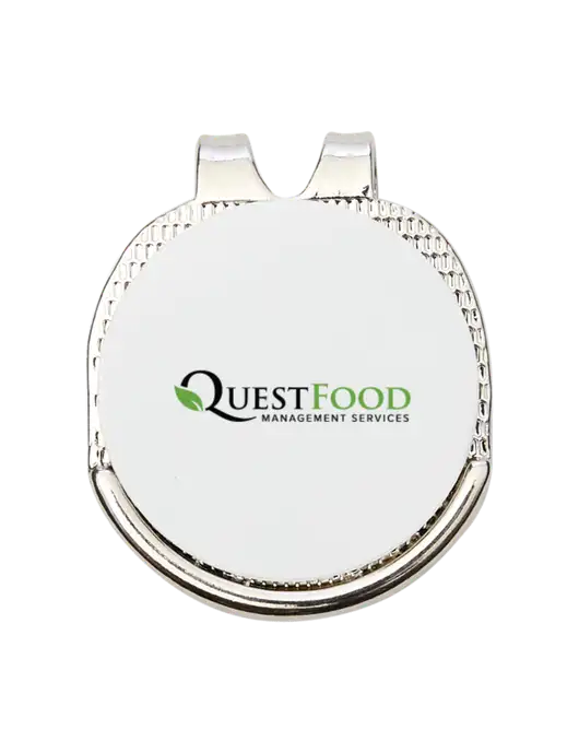 Antique Silver Hat Clip w/Golf Ball Marker w/Quest Food Logo