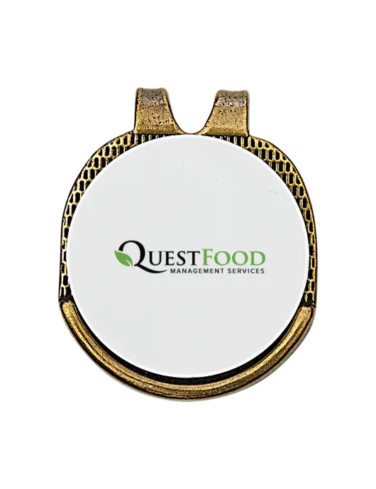 Antique Gold Hat Clip w/Golf Ball Marker w/Quest Food Logo