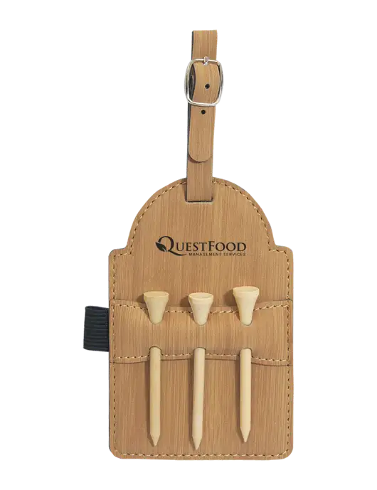 Bamboo Leatherette Golf Bag Tag with 3 Wooden Tees w/Quest Food Logo