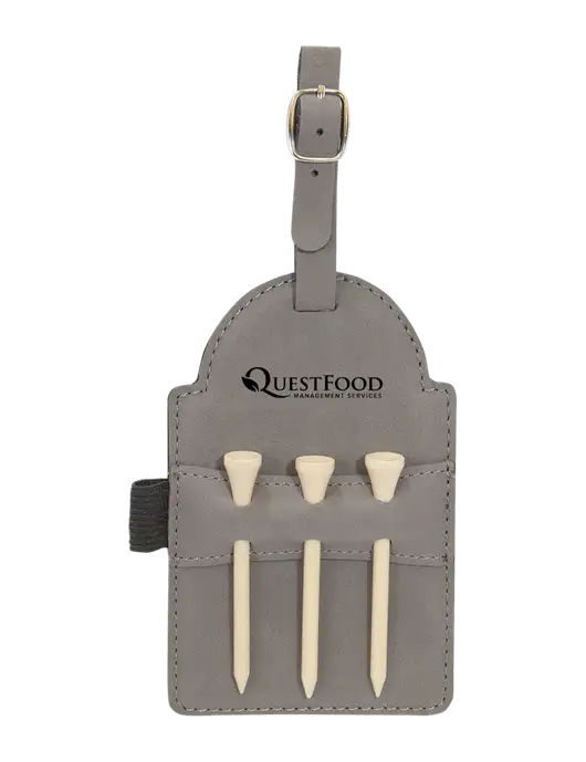 Grey Leatherette Golf Bag Tag with 3 Wooden Tees w/Quest Food Logo