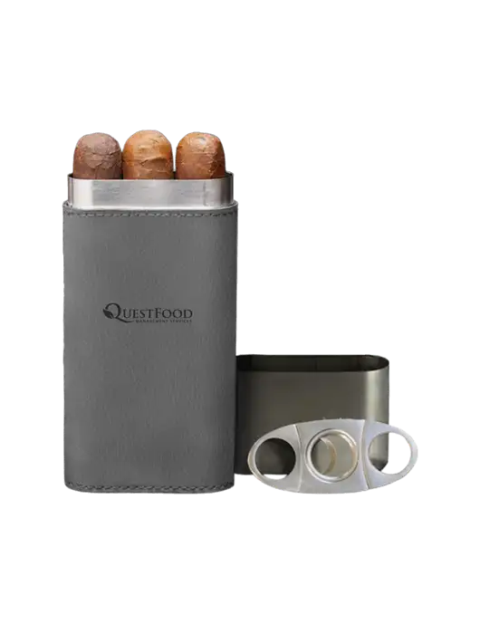 Grey Leatherette Cigar Case with Cutter w/Quest Food Logo