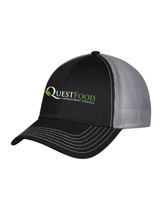 Black/Medium Dark Grey Mesh Trucker Cap Snap Back w/Quest Food Logo