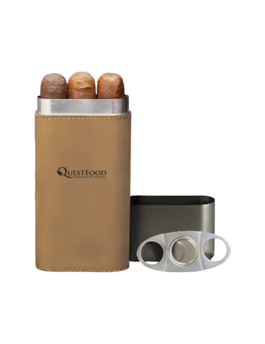 Tan Leatherette Cigar Case with Cutter w/Quest Food Logo