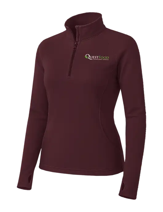 Maroon Womens Sport Wick Stretch 1/4 Zip Pullover w/Quest Food Logo