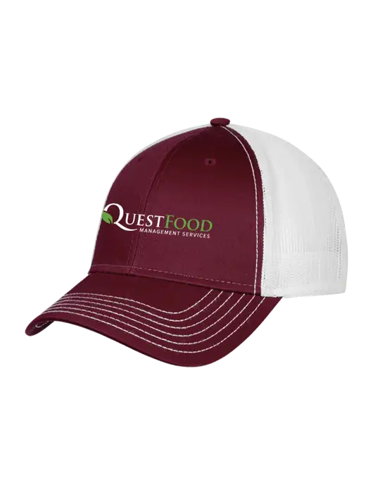 Maroon/Maroon/White Mesh Trucker Cap Snap Back w/Quest Food Logo