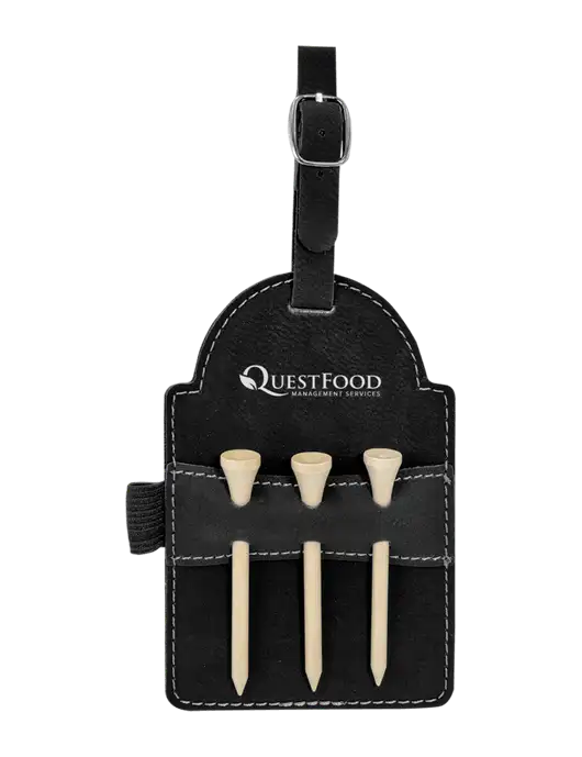 Black Leatherette Golf Bag Tag with 3 Wooden Tees w/Quest Food Logo