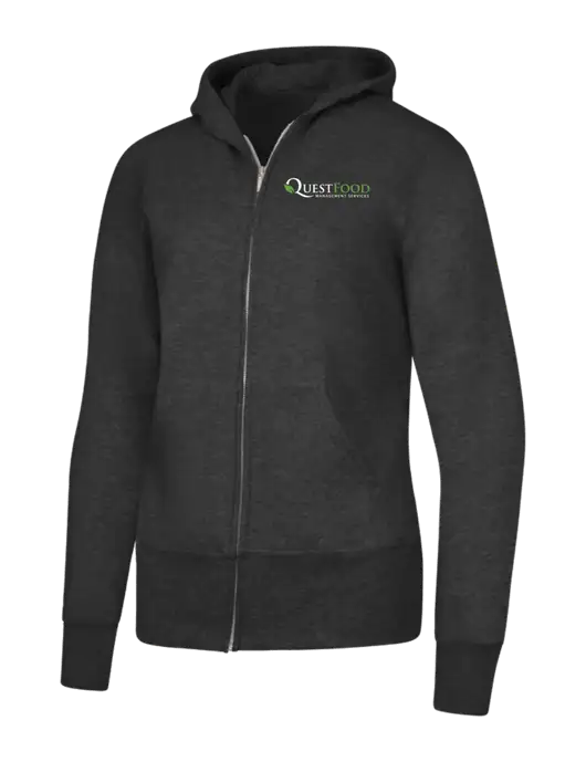 Dark Heather Grey Womens Core Fleece Full-Zip Hooded Sweatshirt w/Quest Food Logo