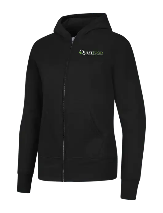 Jet Black Womens Core Fleece Full-Zip Hooded Sweatshirt w/Quest Food Logo