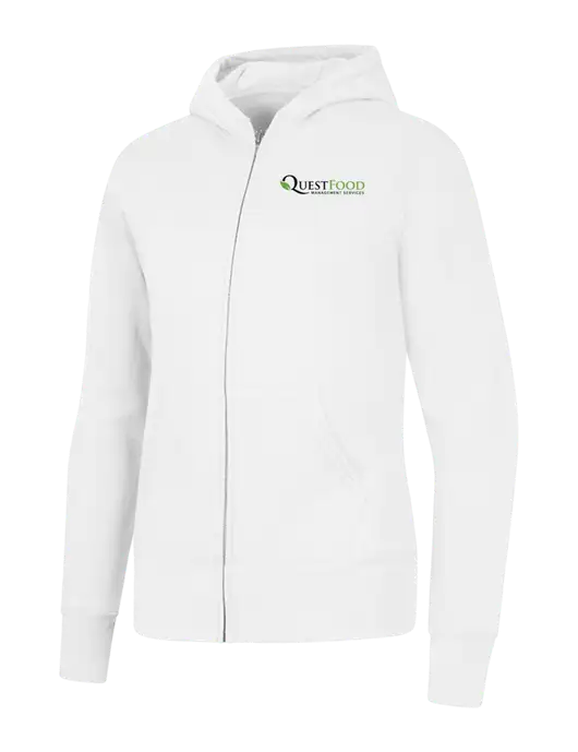 White Womens Core Fleece Full-Zip Hooded Sweatshirt w/Quest Food Logo