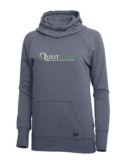 New Era True Navy Heather Womens Tri-Blend Fleece Pullover Hoodie w/Quest Food Logo