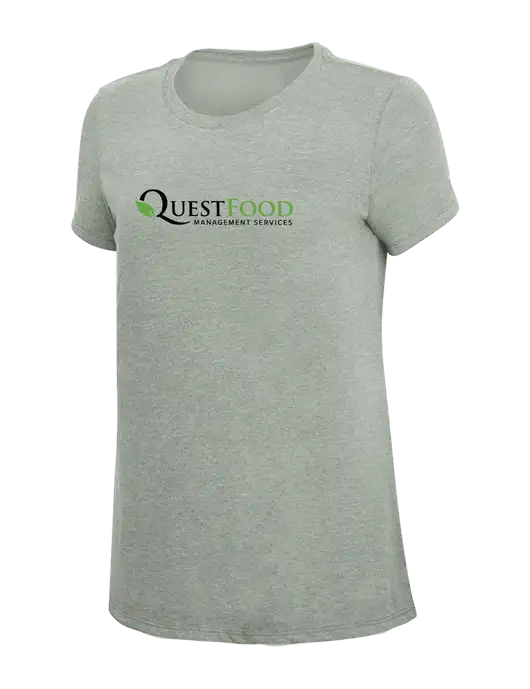 Womens Simply Soft Heathered Light Grey 4.5oz Poly/Combed Ring Spun Cotton T-Shirt w/Quest Food Logo