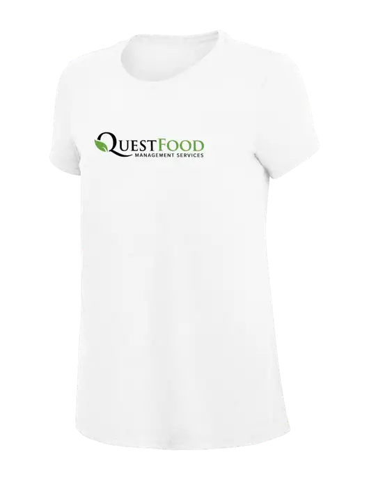 Womens Simply Soft White 4.5oz Poly/Combed Ring Spun Cotton T-Shirt
 w/Quest Food Logo