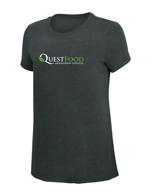 Womens Simply Soft Black Frost 4.5oz Poly/Combed Ring Spun Cotton T-Shirt w/Quest Food Logo
