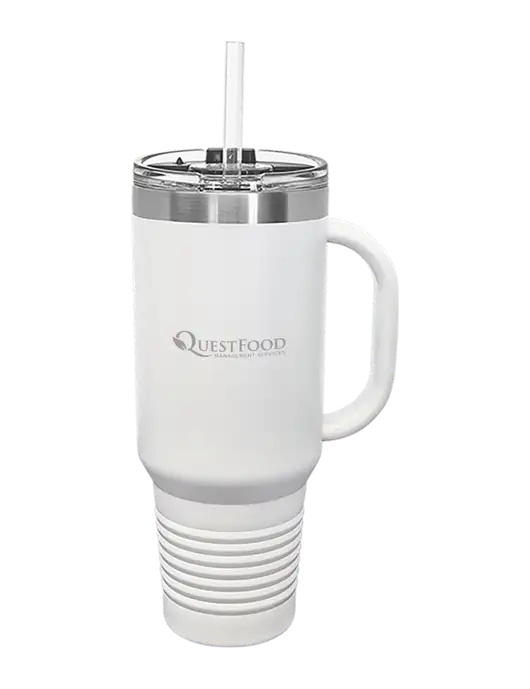 Polar Camel 40 oz. Powder Coated Vacuum Insulated White Travel Mug with Straw w/Quest Food Logo