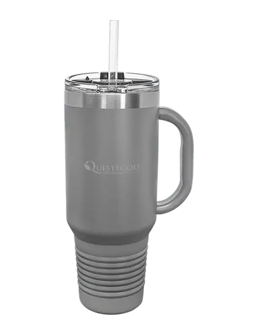 Polar Camel 40 oz. Powder Coated Vacuum Insulated Grey Travel Mug with Straw w/Quest Food Logo