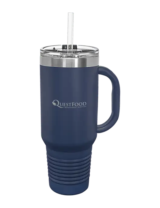 Polar Camel 40 oz. Powder Coated Vacuum Insulated Navy Travel Mug with Straw w/Quest Food Logo