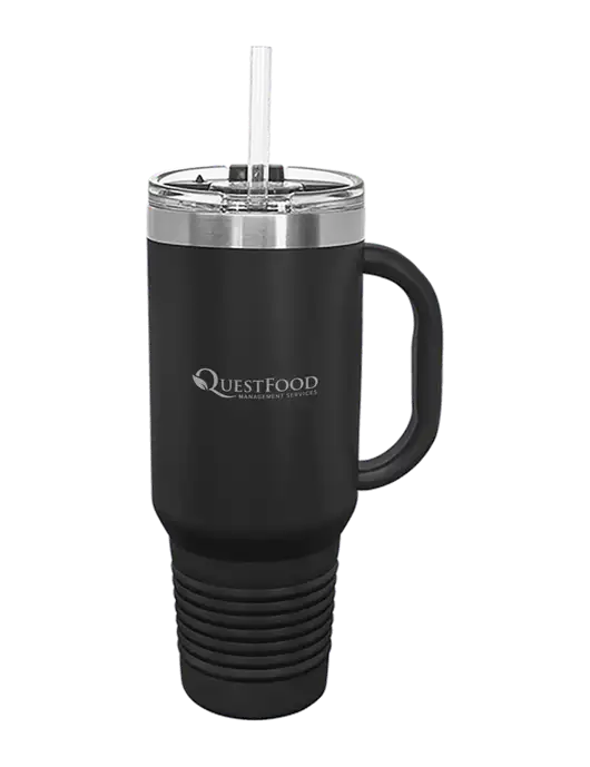 Polar Camel 40 oz. Powder Coated Vacuum Insulated Black Travel Mug with Straw w/Quest Food Logo