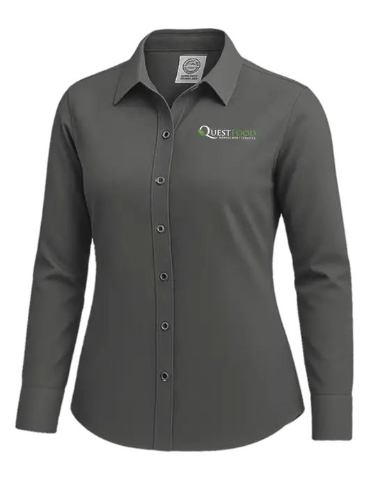 Brooks Brothers Womens Dark Grey Wrinkle-Free Stretch Nailhead Shirt w/Quest Food Logo
