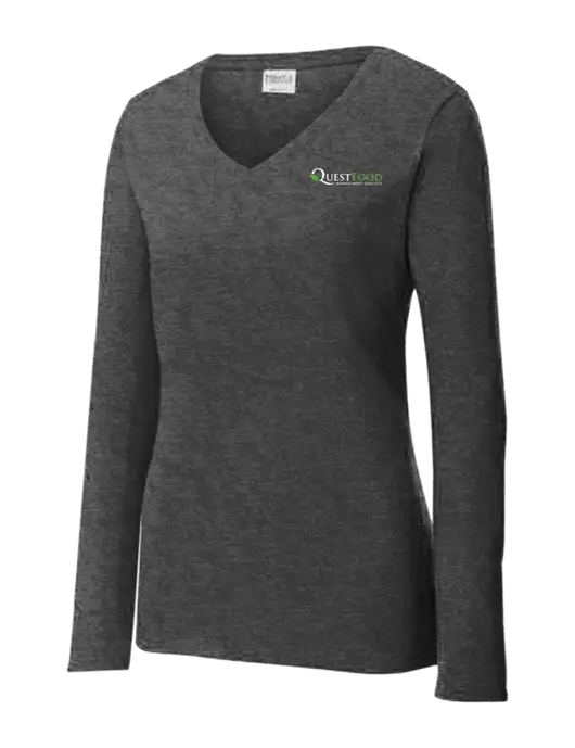 Womens  V-Neck Ring Spun Dark Heather Grey 4.5 oz Long Sleeve T-Shirt w/Quest Food Logo