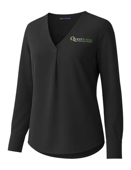 Brooks Brothers Womens Black Open-Neck Satin Blouse  w/Quest Food Logo
