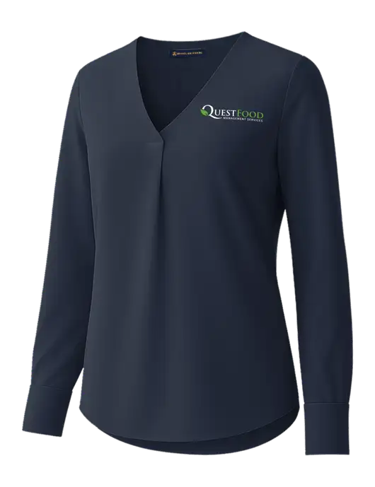 Brooks Brothers Womens Dark Navy Open-Neck Satin Blouse  w/Quest Food Logo