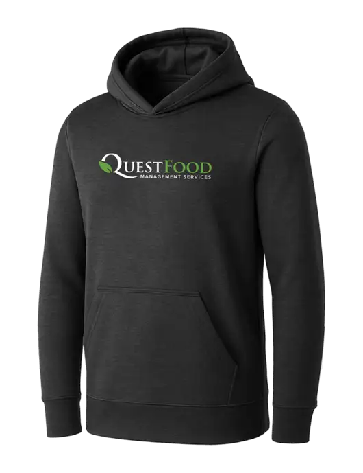 Womens Dark Grey Heather Core Fleece Pullover Hooded Sweatshirt w/Quest Food Logo