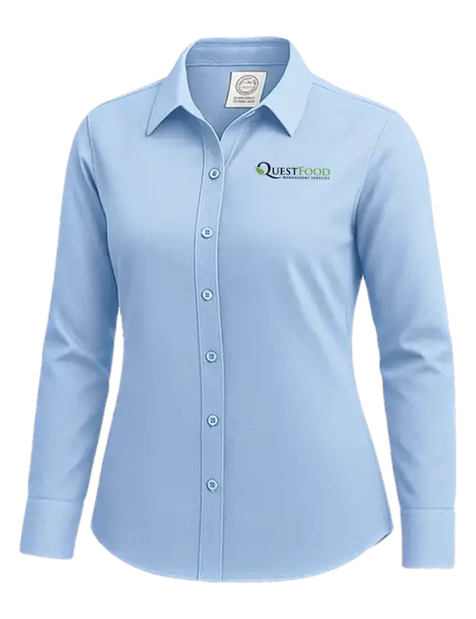 Brooks Brothers Womens Light Blue Wrinkle-Free Stretch Nailhead Shirt w/Quest Food Logo