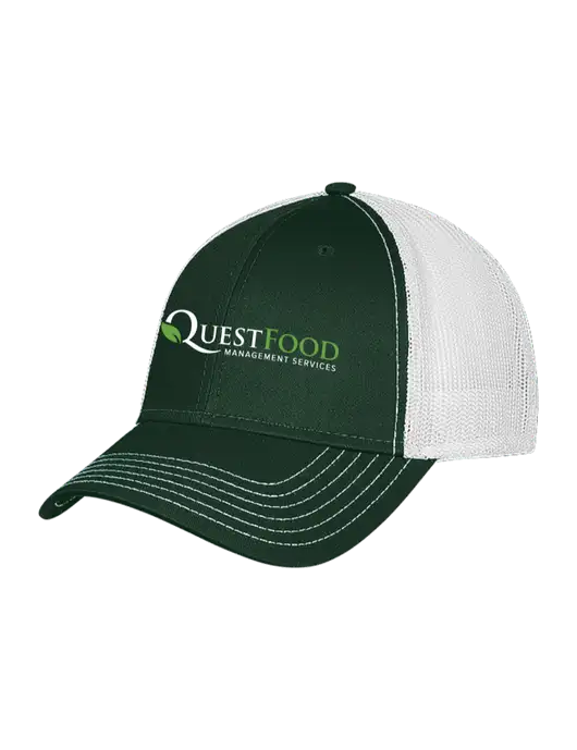Dark Green/White Mesh Trucker Cap Snap Back w/Quest Food Logo