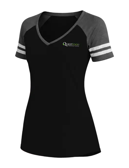 Womens Black/Charcoal Heather V-Neck Game Tee w/Quest Food Logo