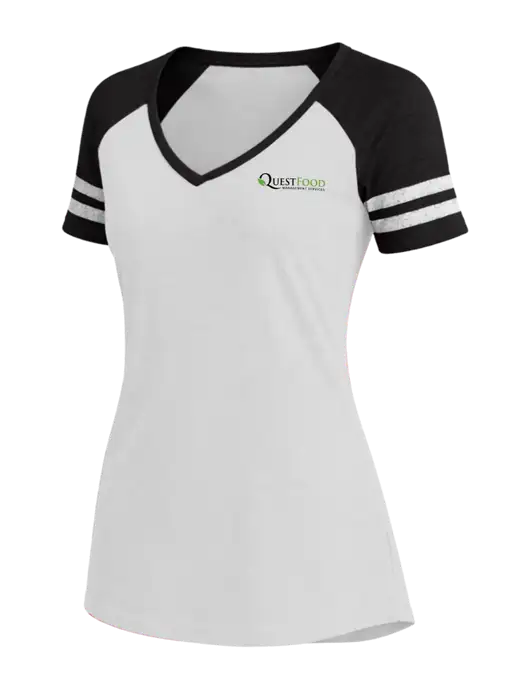 Womens White/Black V-Neck Game Tee w/Quest Food Logo