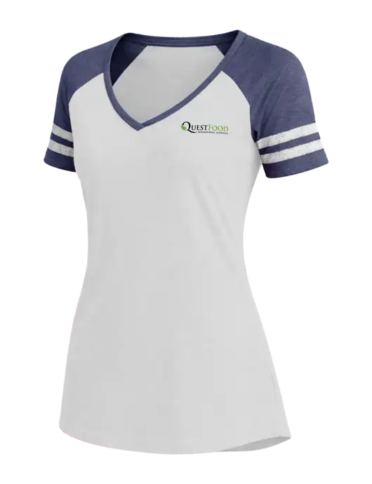 Womens White/Navy Heather V-Neck Game Tee w/Quest Food Logo